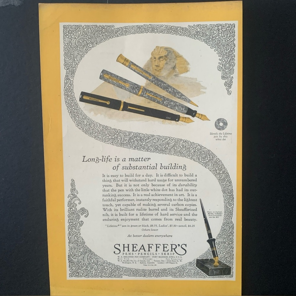 Vintage 1928 Sheaffer’s Pen Long Life Ad Advertisement